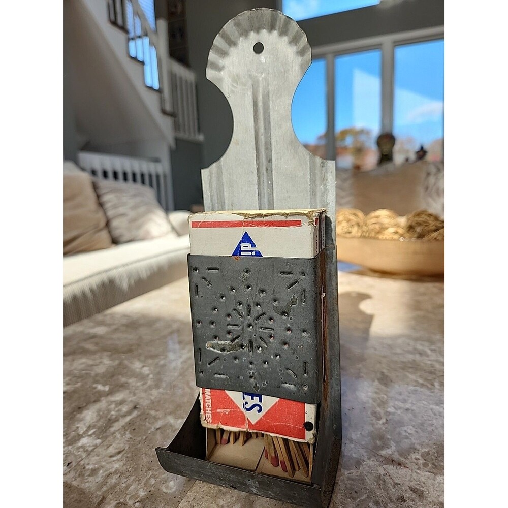Vintage Metal Matchbox Holder, 10" Tall